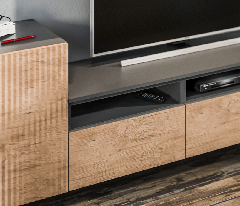 Стенки для гостиной, Гостиная (стенка) Тренд Диамант серый/МДФ Джаз Акация светлая