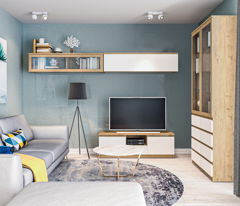 Стенки для гостиной, Веста гостиная с двумя витринами Дуб Бунратти/Белый глянец