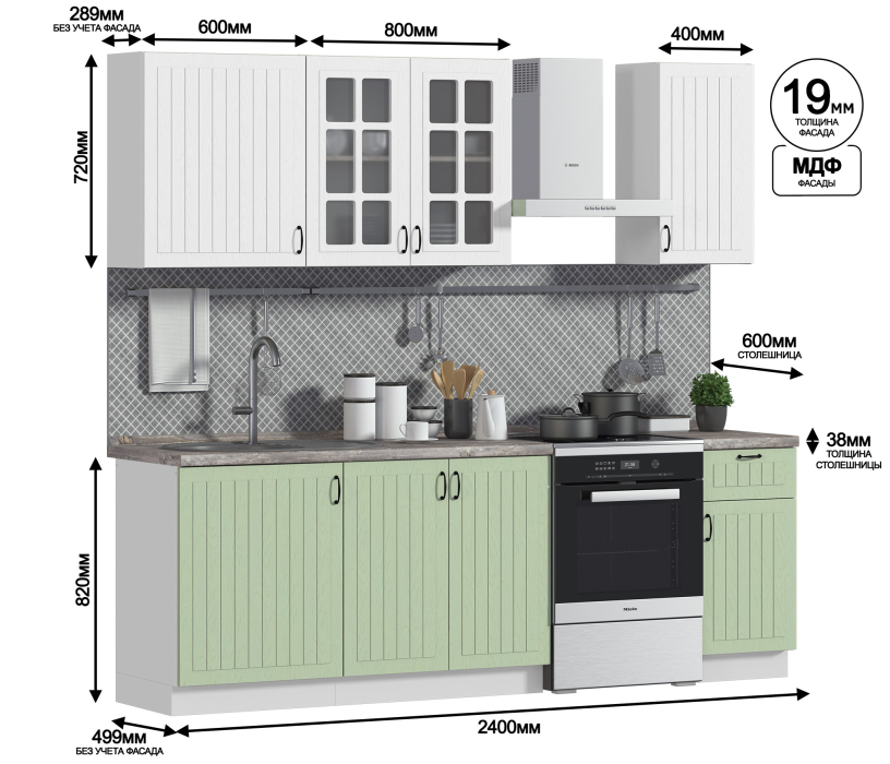 Кухня 2 метра, Кухня Регина Белый/МДФ Дуб Белый, Шервуд 1,8-2,4 м