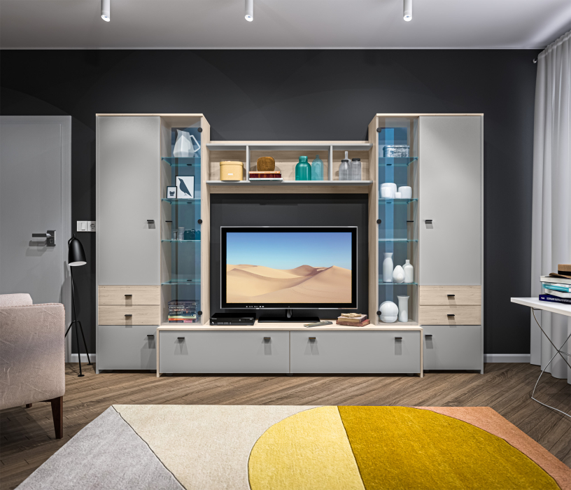 Стенки для гостиной, Магия СБ-2497/1 Стенка Дуб Санремо/Серый