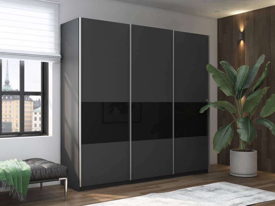 Шкафы-купе 3-х дверные, Шкаф-купе Прайм ДСП/Стекло черное, 240х57х230