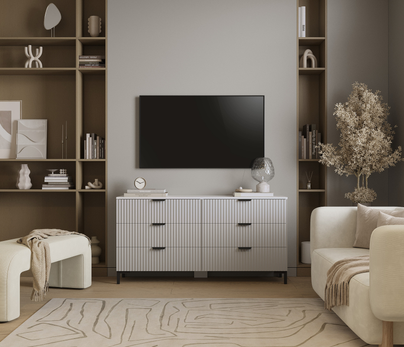 Комоды, Комод Тренд СБ-3442 6 ящиков Белый Альпийский/МДФ Джаз Серый