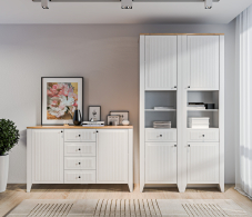 Стенки для гостиной, Набор для гостиной (пеналы с комодом) Монтана Белый Альпийский,Дуб Гамильтон/МДФ Дуб Белый