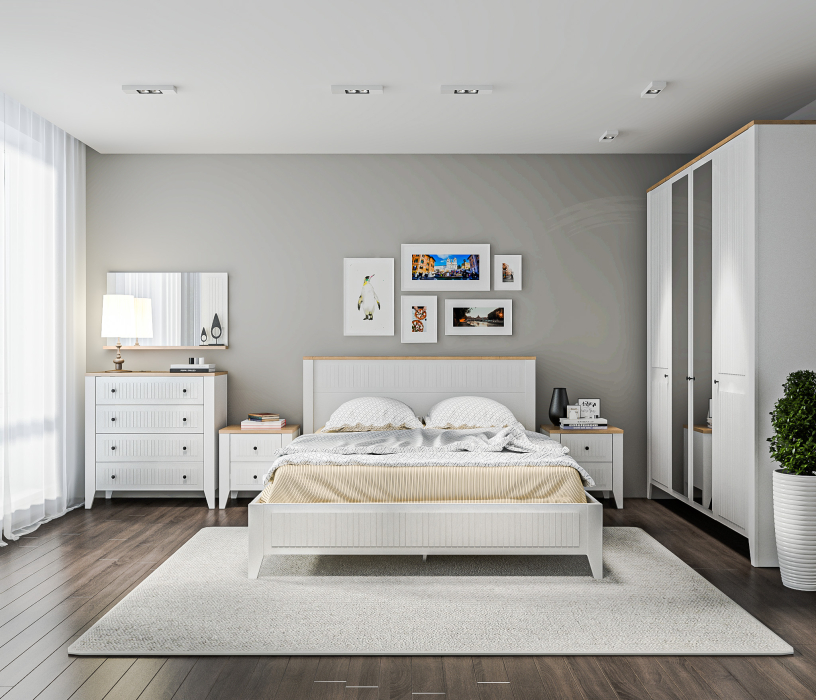 Спальные гарнитуры, Спальня Монтана с комодом Белый Альпийский,Дуб Гамильтон/МДФ Дуб Белый