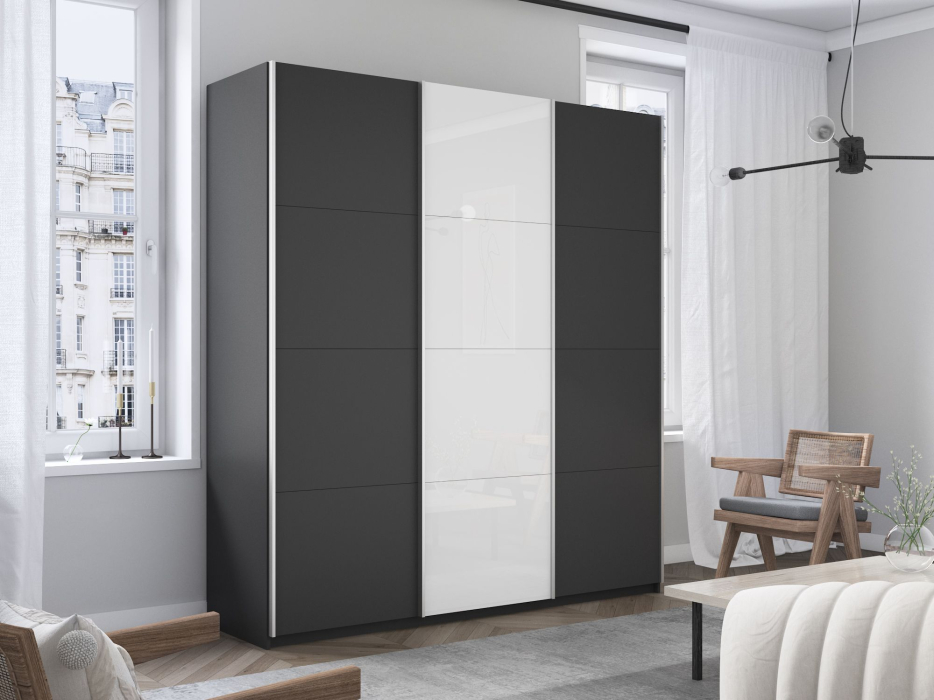 Шкафы-купе 3-х дверные, Шкаф-купе Прайм 3-х дверный ДСП/Стекло белое/Доводчики 180х57х230