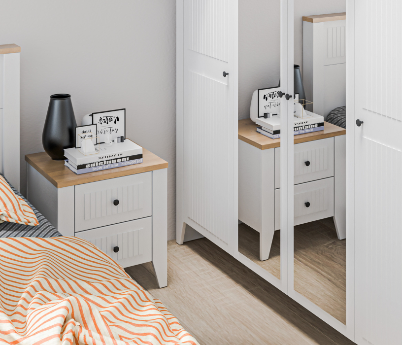 Спальные гарнитуры, Спальня Монтана Белый Альпийский,Дуб Гамильтон/МДФ Дуб Белый