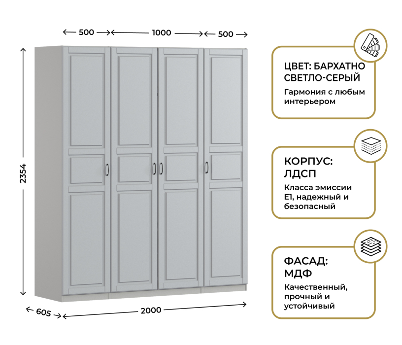 Для одежды, Шкаф четырехдверный Макс 2000 мм, вариант №4 (ЛДСП/МДФ)