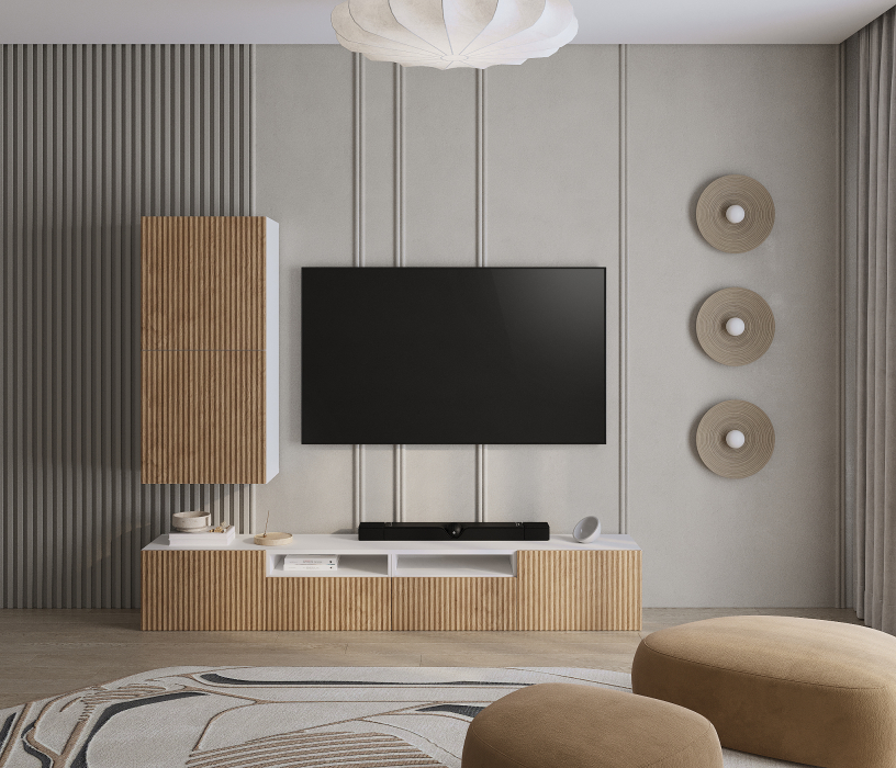 Стенки для гостиной, Гостиная Тренд Белый/МДФ Джаз Акация светлая