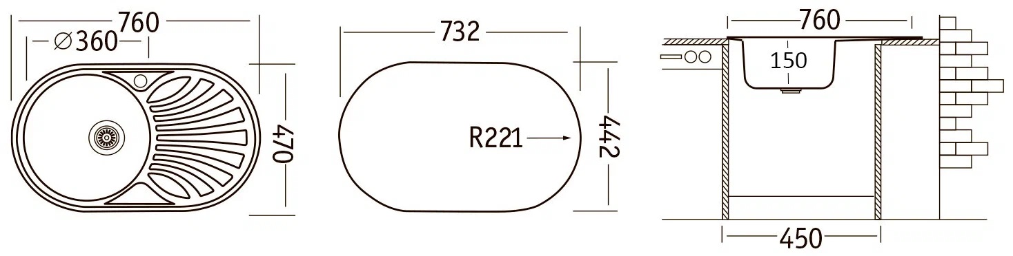 Кухонные мойки, Мойка Юкинокс Фаворит FAL760.470-GT6K 1R, сифон S710