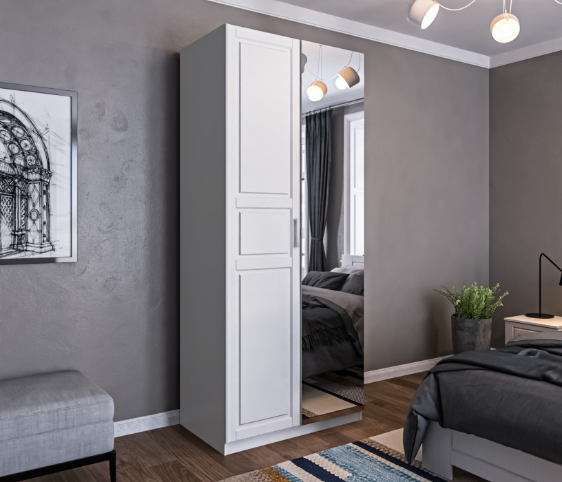 Шкафы распашные, Шкаф 2х дверный МАКС 1000 с зеркалом Белый/МДФ Белый матовый