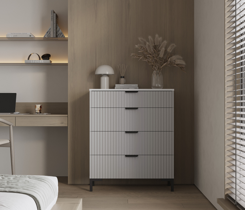 Комоды, Комод Тренд СБ-3444 4 ящика Белый Альпийский/МДФ Джаз Серый