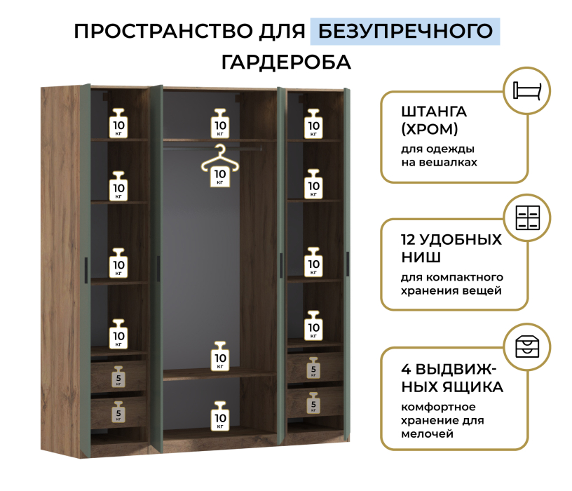 Для одежды, Шкаф четырехдверный Макс 2000 мм, вариант №2 (ЛДСП, корпус дуб вотан)