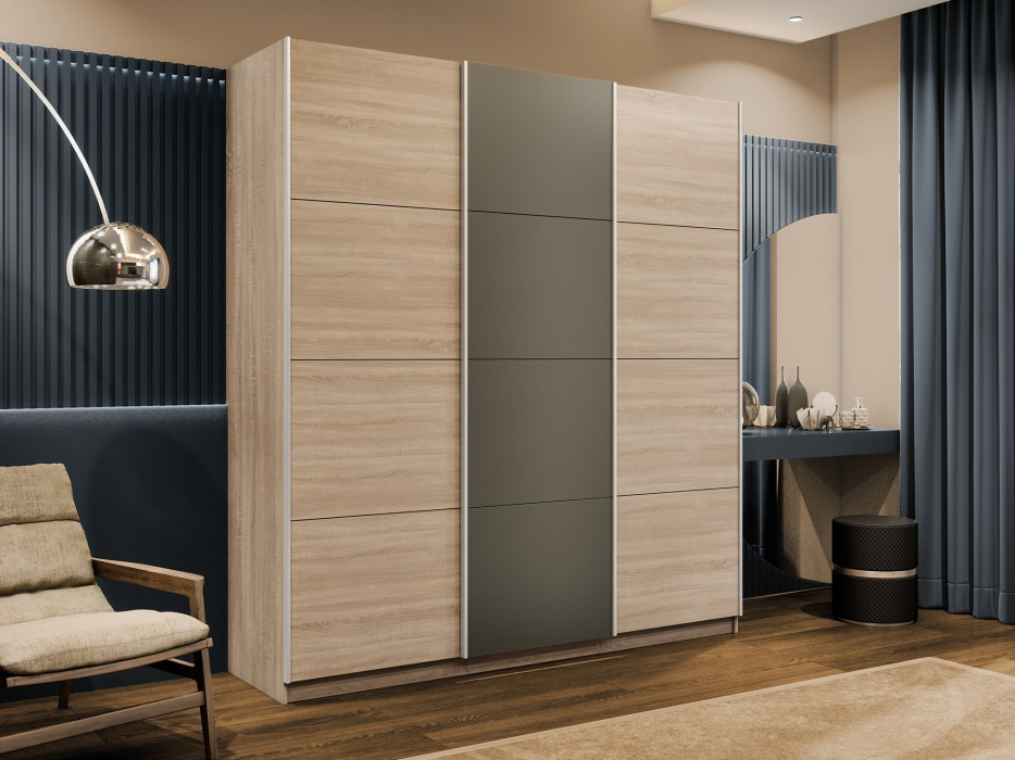 Шкафы-купе 3-х дверные, Шкаф-купе Эста 3-х дверный ДСП/Стекла хаки/Доводчик 240х66х240