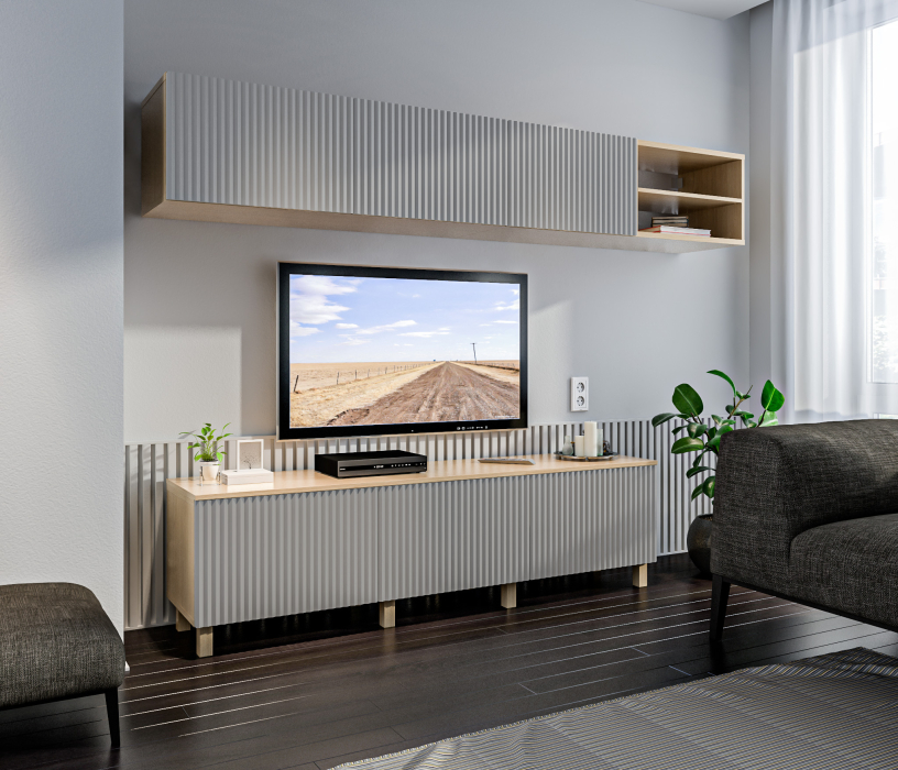 Стенки для гостиной, Гостиная (стенка) на ножках Тренд Дуб Винченца / МДФ Джаз Светло-серый