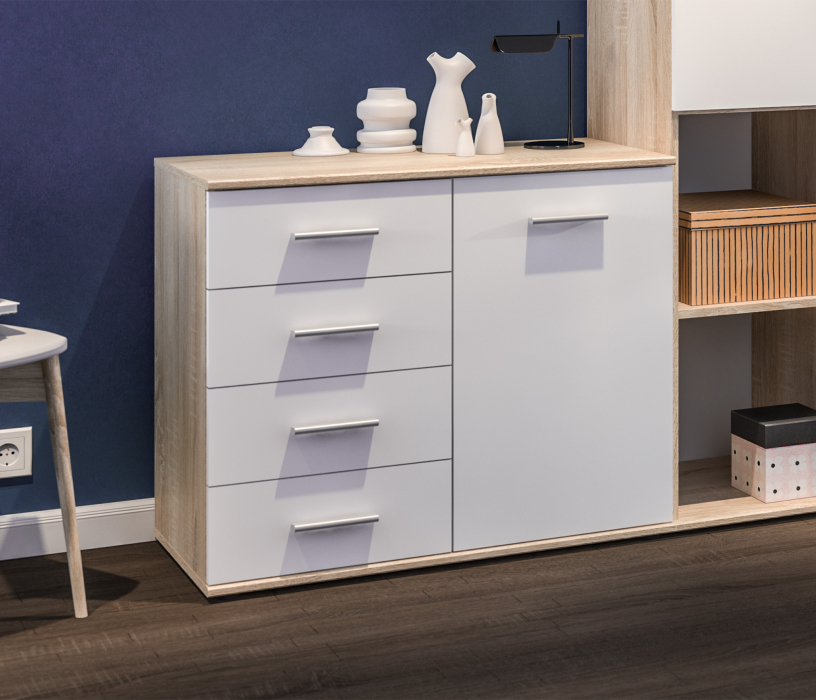 Спальные гарнитуры, Комплект Мамбо (кровать и комод), Дуб Сонома/Белый