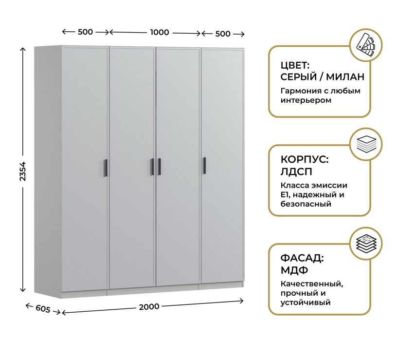 Для одежды, Шкаф четырехдверный Макс 2000 мм, вариант №2 (ЛДСП/МДФ)