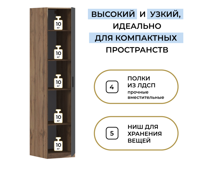 Для одежды, Шкаф однодверный Макс 500 мм, вариант №2 (ЛДСП, дуб вотан)