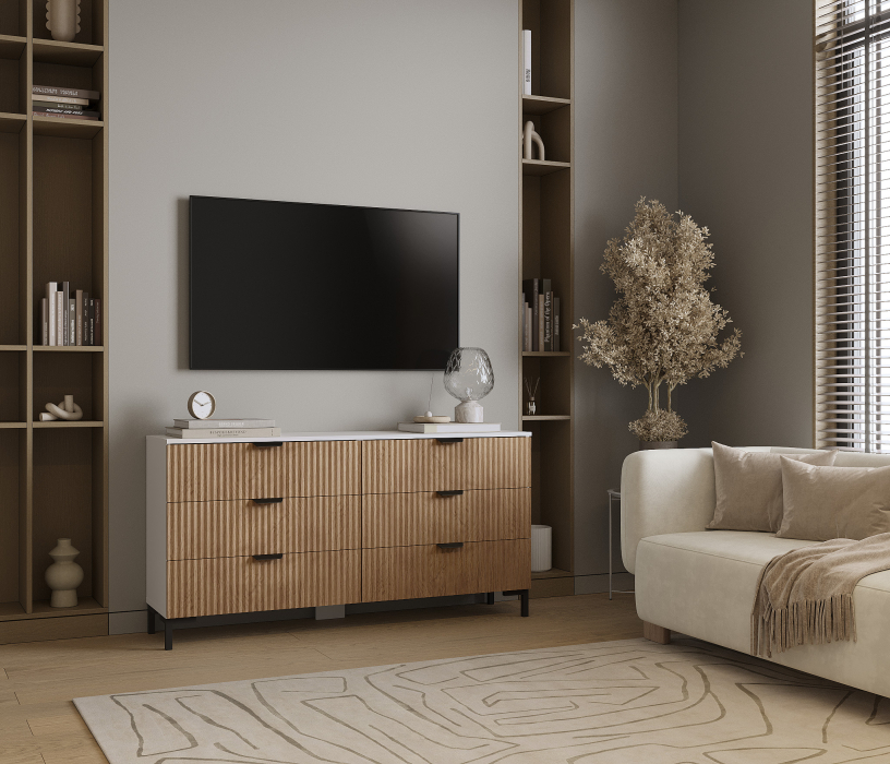 Комоды, Комод Тренд СБ-3442 6 ящиков Белый Альпийский/МДФ Джаз Акация светлая