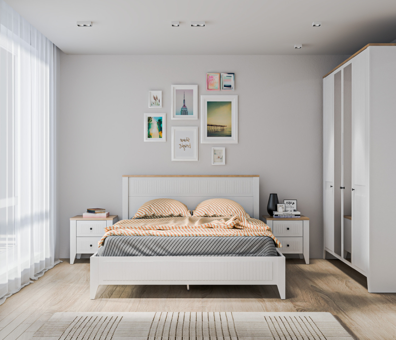 Спальные гарнитуры, Спальня Монтана Белый Альпийский,Дуб Гамильтон/МДФ Дуб Белый