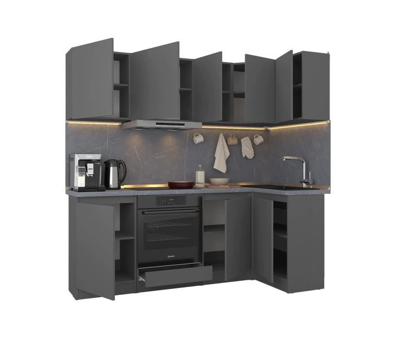 Кухонные гарнитуры, Кухонный гарнитур Леон угловой 210х100 см, диамант серый