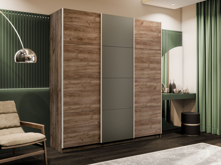 Шкафы-купе 3-х дверные, Шкаф-купе Эста 3-х дверный ДСП/Стекла хаки/Доводчик 240х66х240